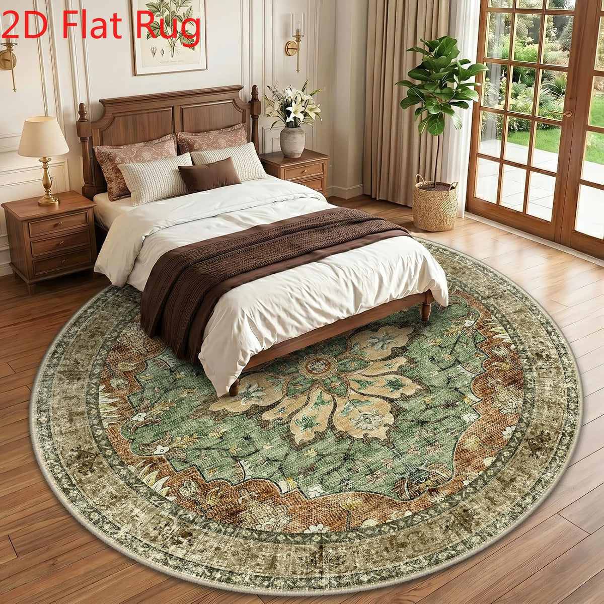 Tapis rond vert sauge à médaillon doré, oriental, Ø 300 cm