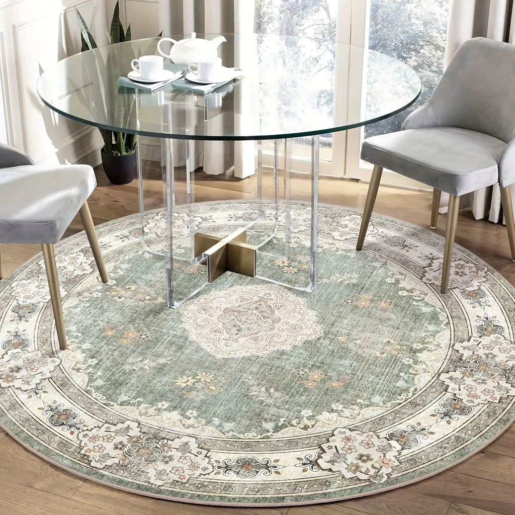 Tapis rond vert sauge, médaillon persan délavé et bordure florale