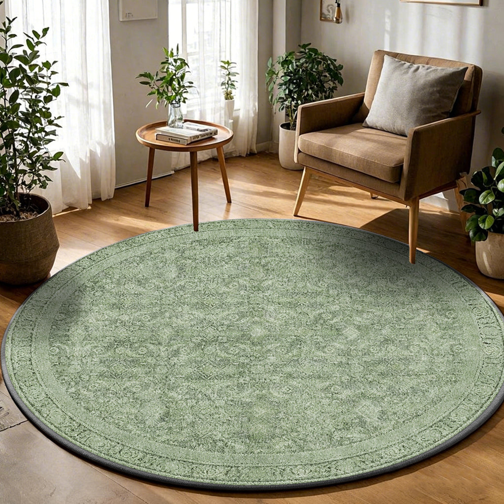 Tapis rond vert sauge patiné, impression fine 100 à 200 cm