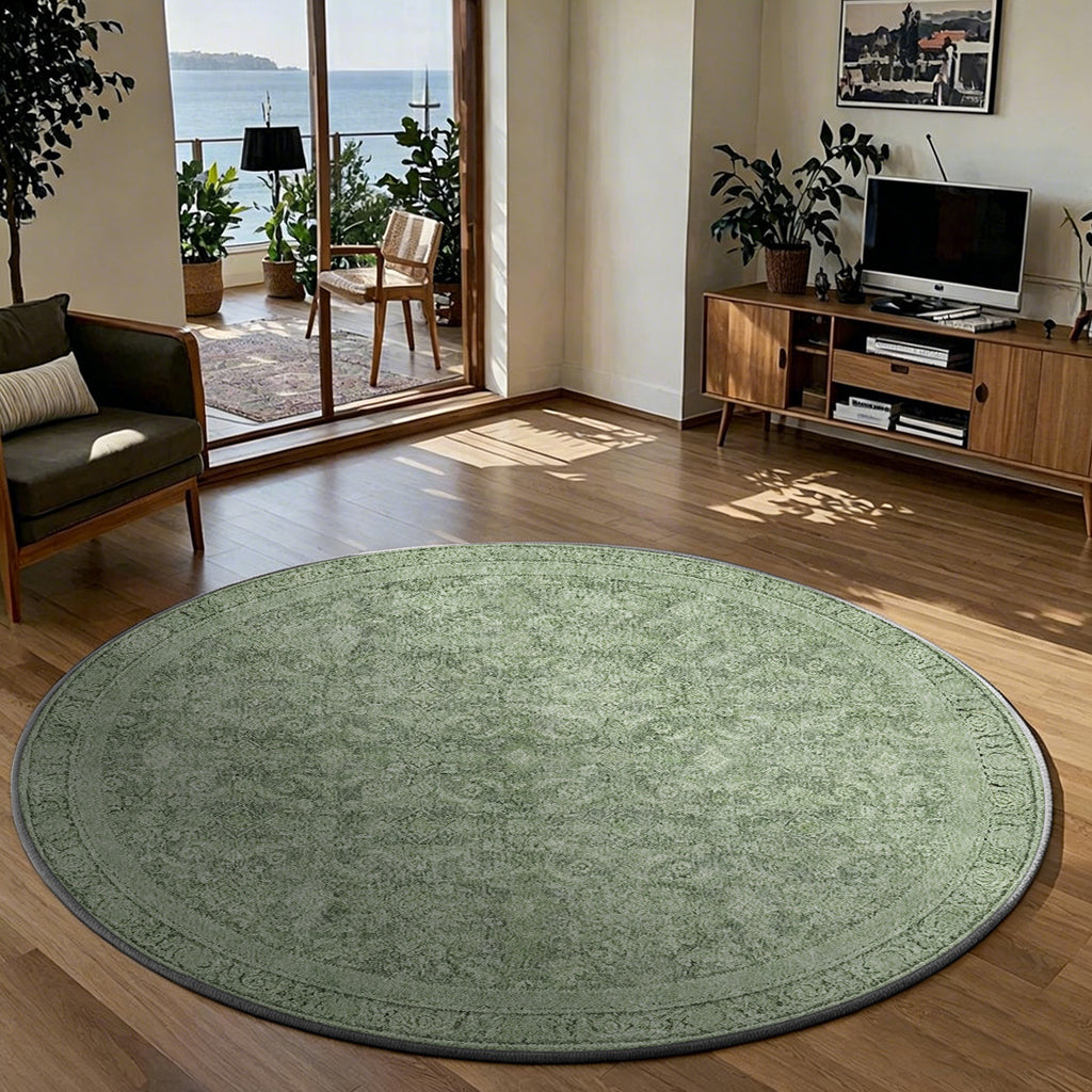 Tapis rond vert sauge patiné, impression fine 100 à 200 cm