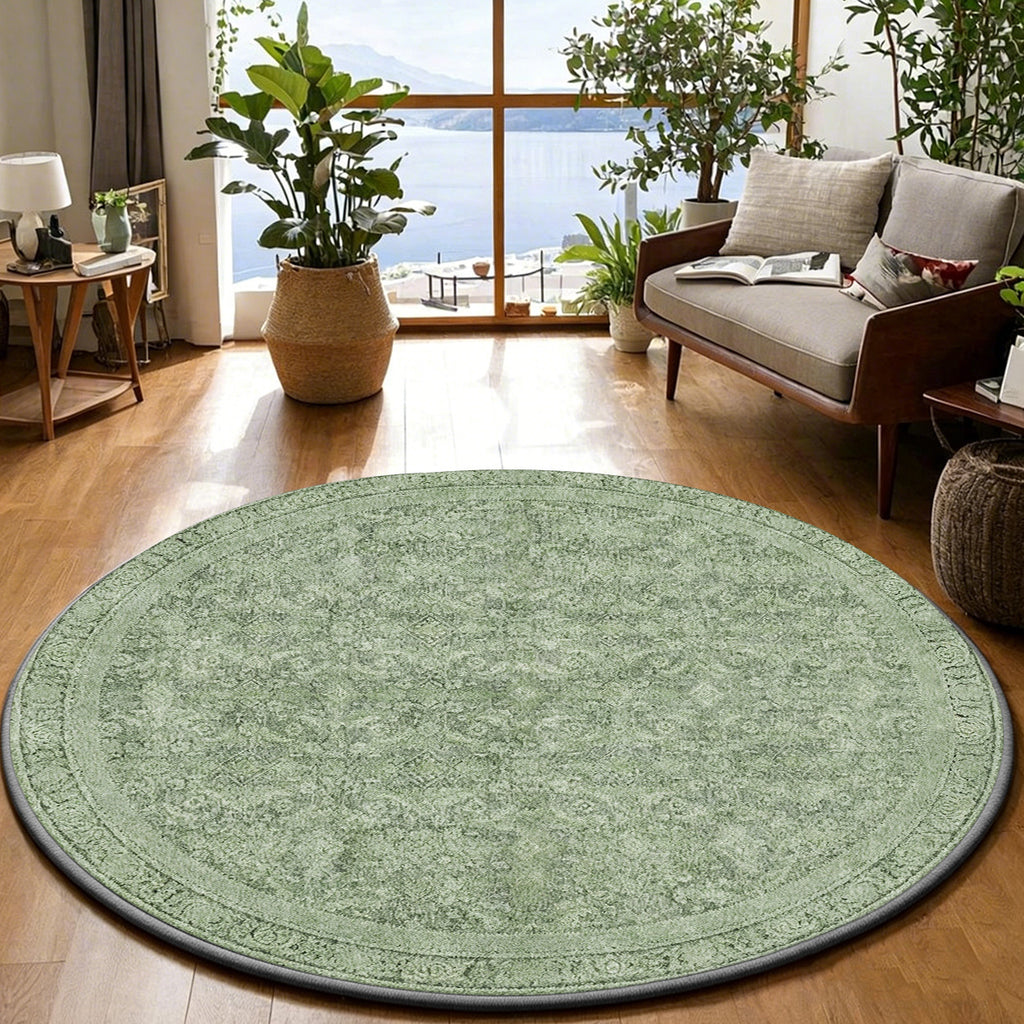 Tapis rond vert sauge patiné, impression fine 100 à 200 cm
