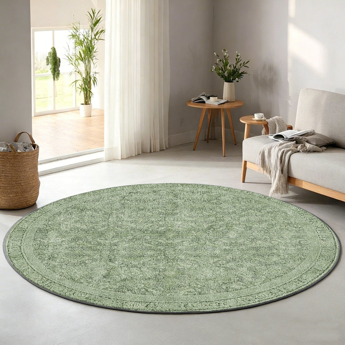 Tapis rond vert sauge patiné, impression fine 100 à 200 cm