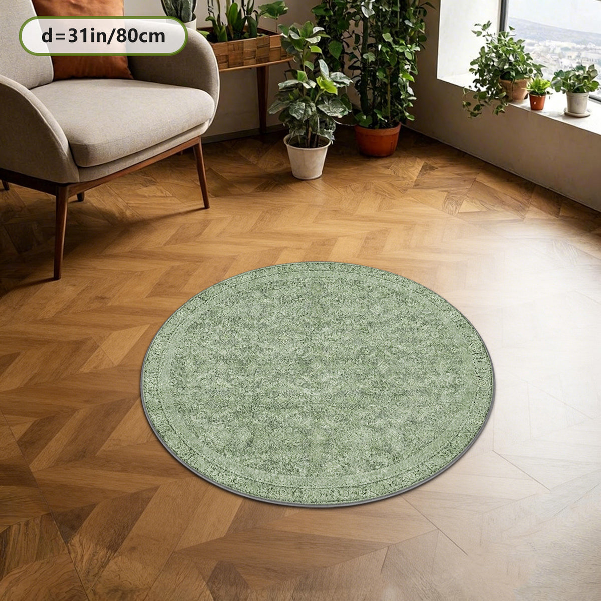 Tapis rond vert sauge patiné, impression fine 100 à 200 cm