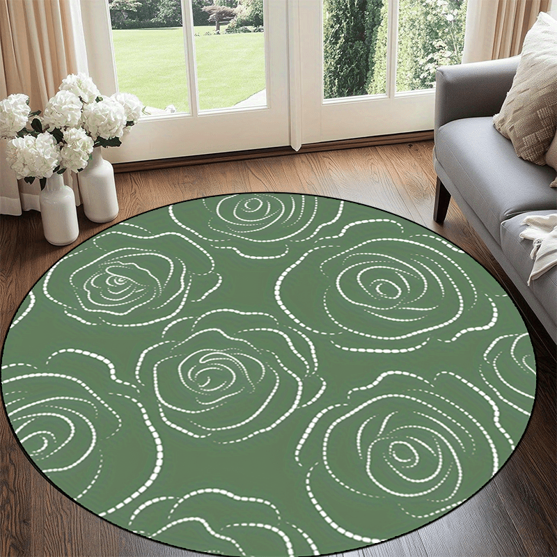 Tapis rond vert sauge à roses blanches pointillées, Ø 60 à 160