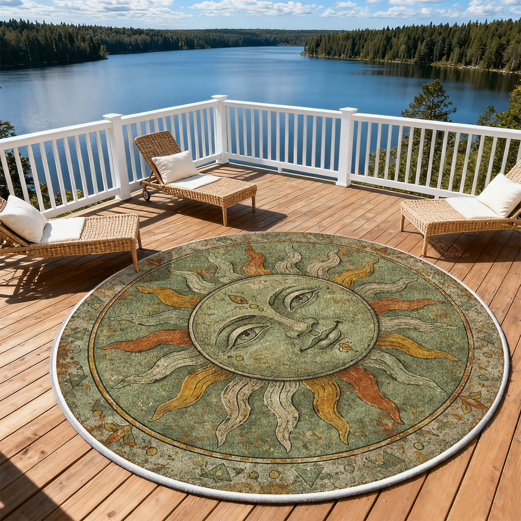 Tapis rond vert sauge au soleil de mosaïque à visage souriant