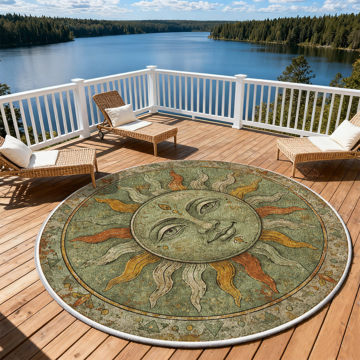 Tapis rond vert sauge au soleil de mosaïque à visage souriant