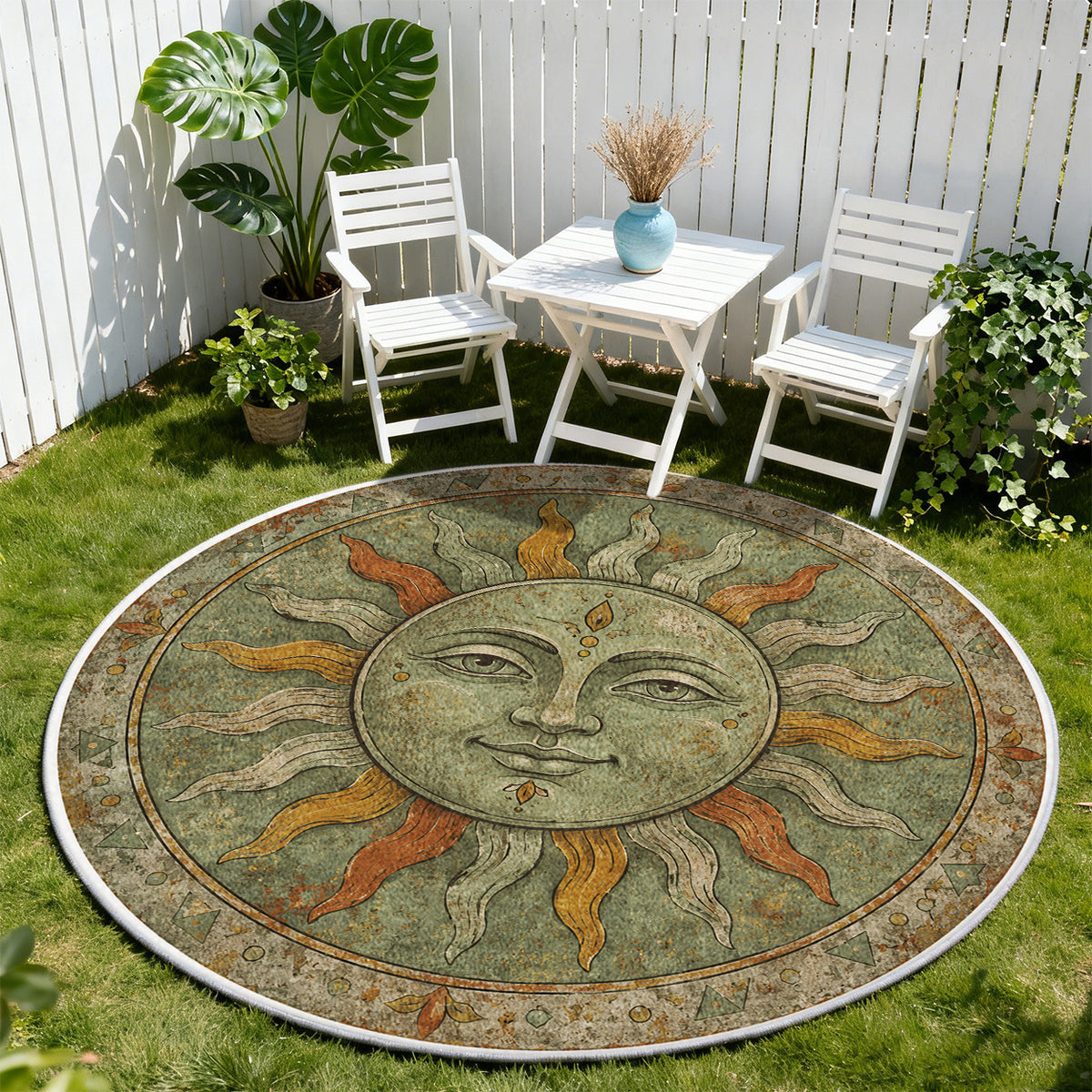 Tapis rond vert sauge au soleil de mosaïque à visage souriant