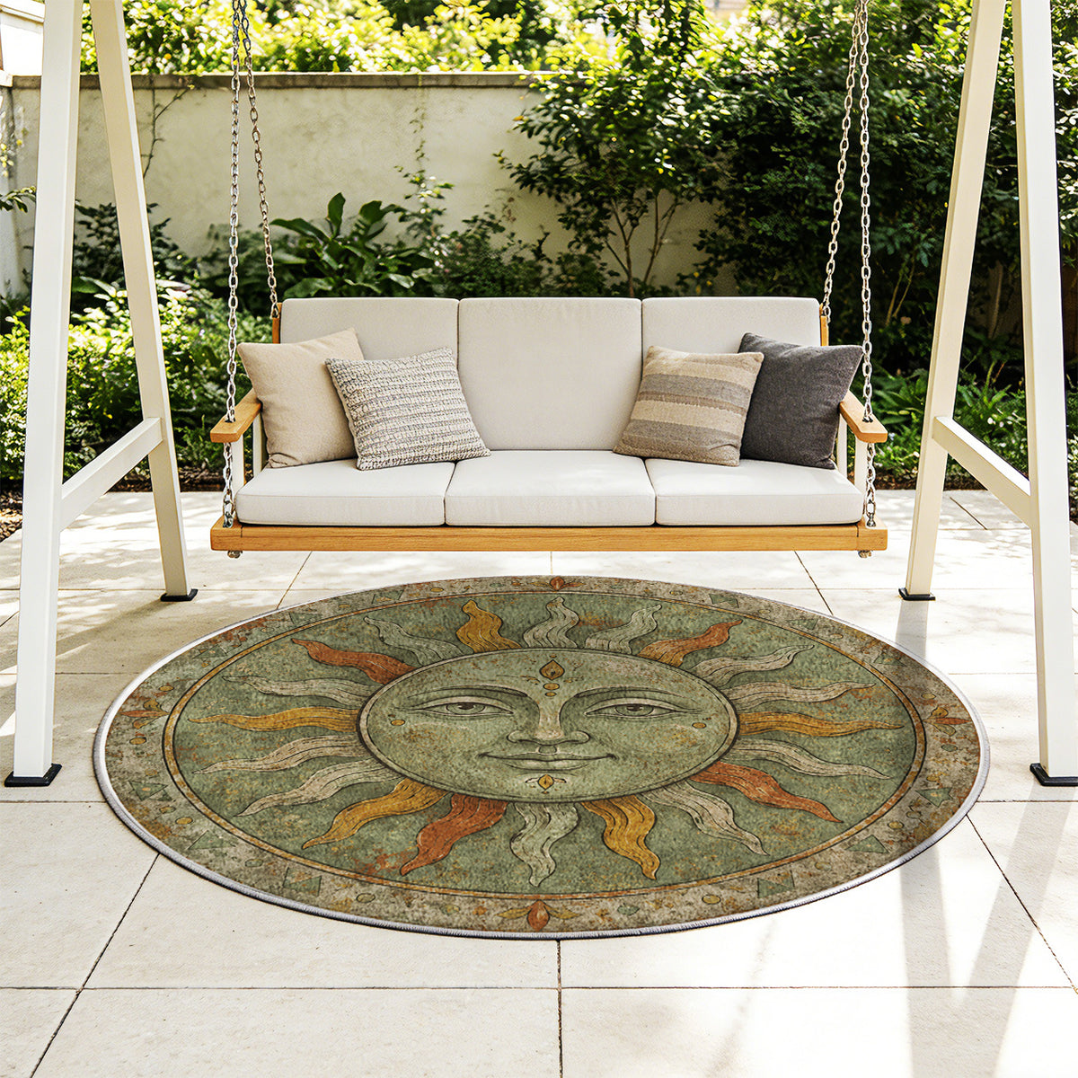 Tapis rond vert sauge au soleil de mosaïque à visage souriant