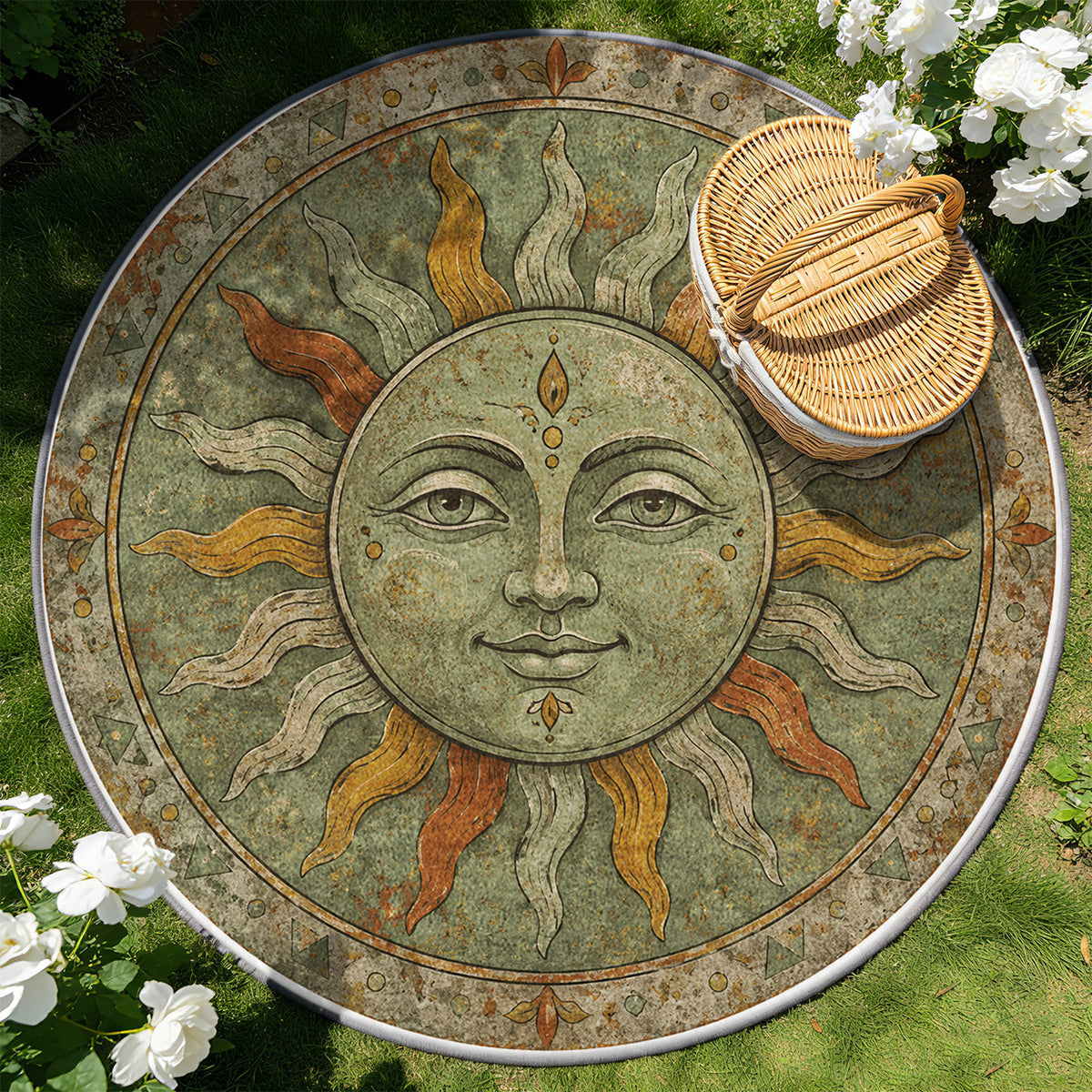 Tapis rond vert sauge au soleil de mosaïque à visage souriant