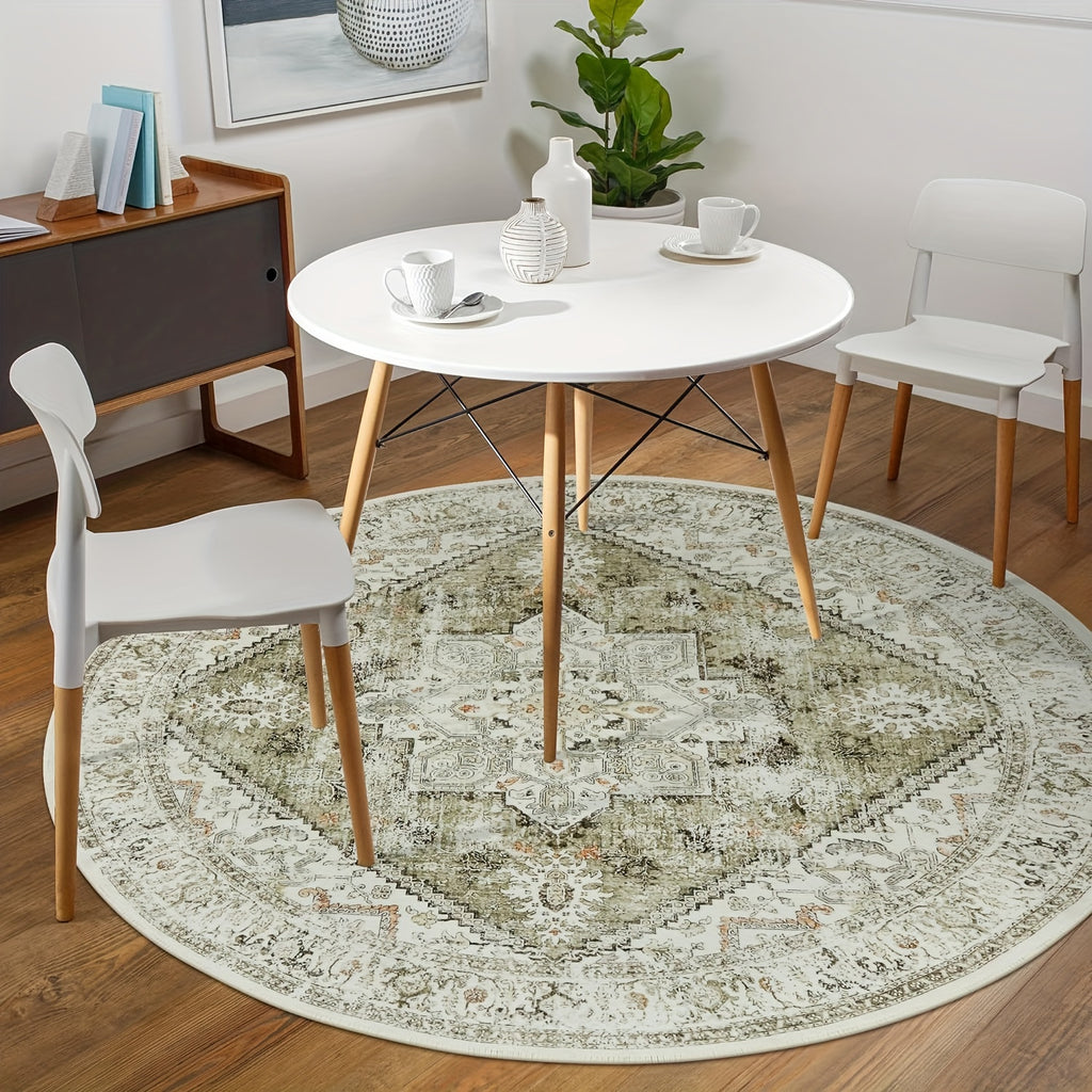 Tapis rond vert vintage à médaillon, dos antidérapant TPR
