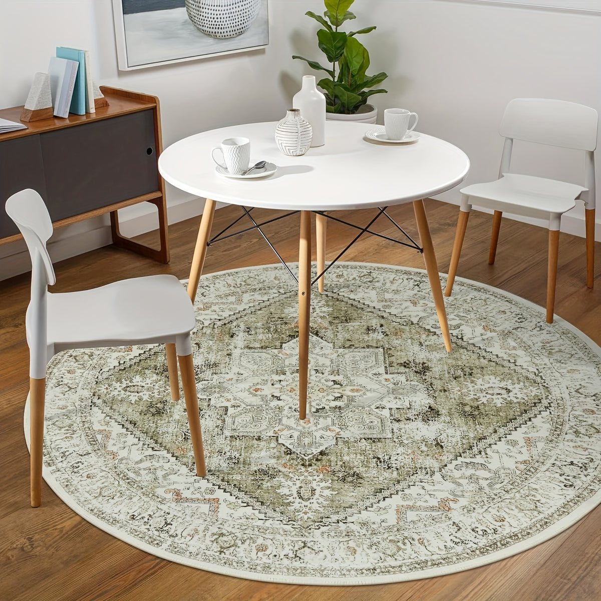 Tapis rond vert vintage à médaillon, dos antidérapant TPR