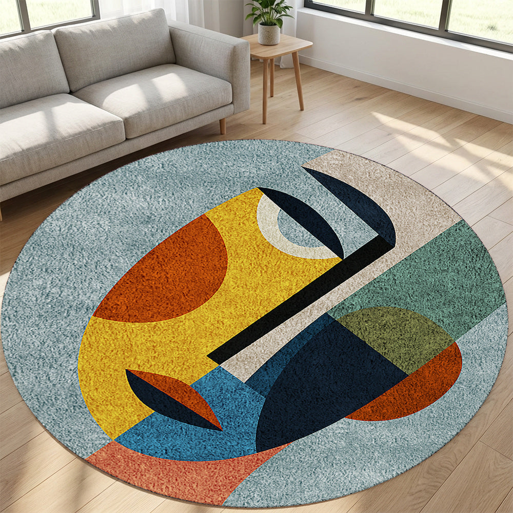 Tapis rond à visage géométrique, jaune d'or, orange et bleu
