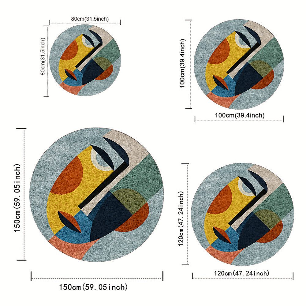 Tapis rond à visage géométrique, jaune d'or, orange et bleu