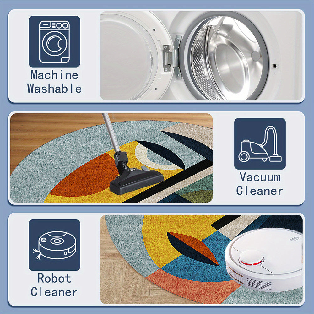 Tapis rond à visage géométrique, jaune d'or, orange et bleu