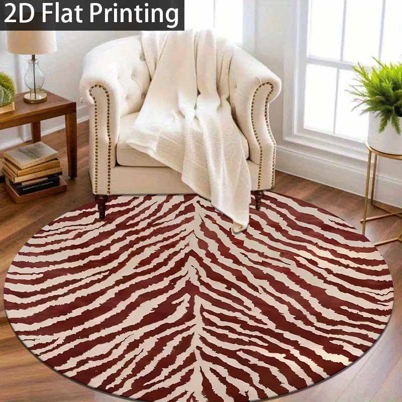 Tapis rond zébré bordeaux et écru, velours imprimé à plat