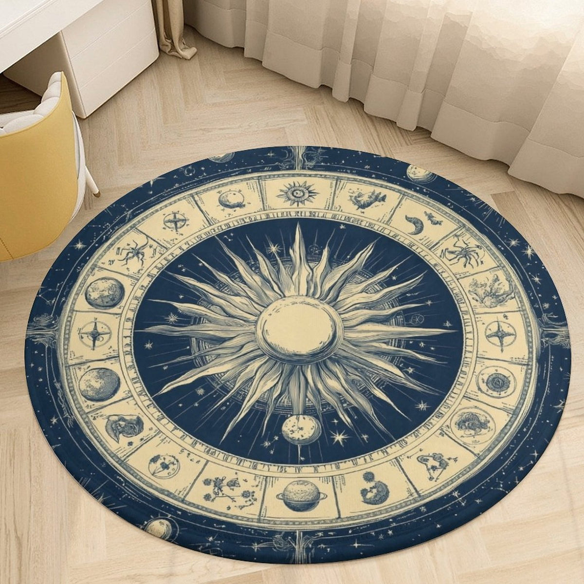 Tapis rond motif zodiaque bleu nuit et écru, sept diamètres