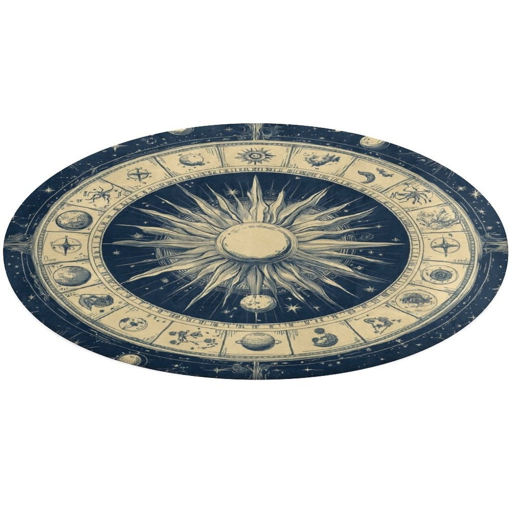 Tapis rond motif zodiaque bleu nuit et écru, sept diamètres