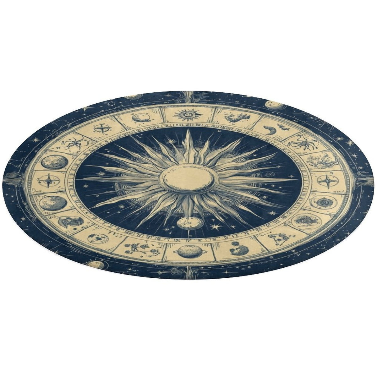 Tapis rond motif zodiaque bleu nuit et écru, sept diamètres