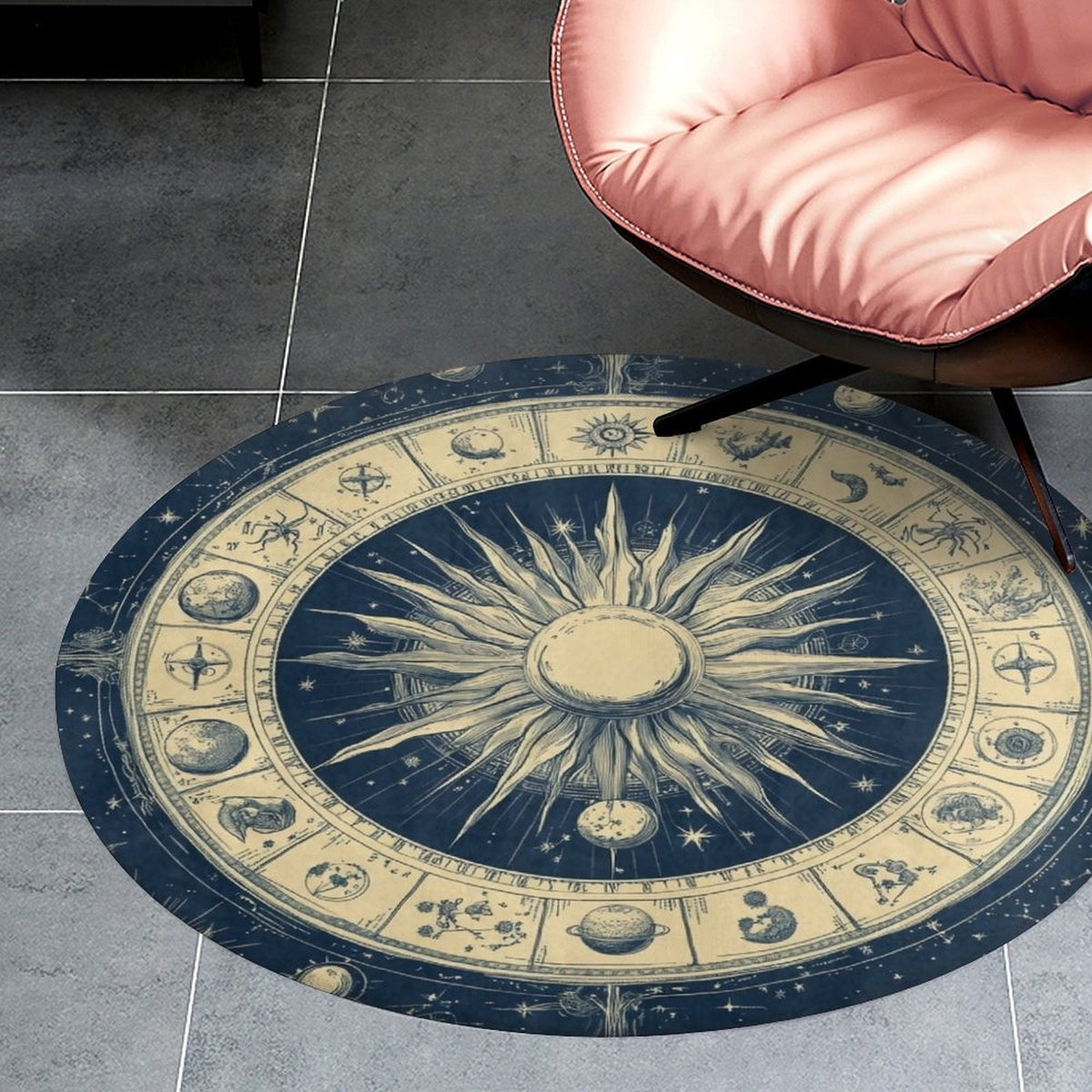 Tapis rond motif zodiaque bleu nuit et écru, sept diamètres