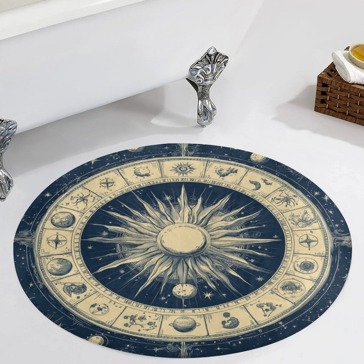 Tapis rond motif zodiaque bleu nuit et écru, sept diamètres