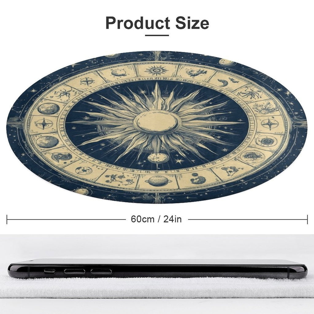 Tapis rond motif zodiaque bleu nuit et écru, sept diamètres