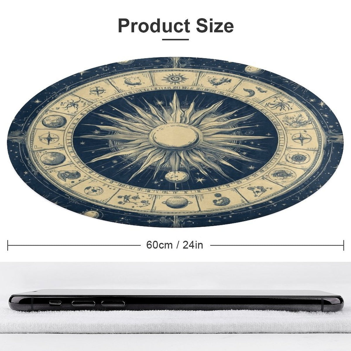 Tapis rond motif zodiaque bleu nuit et écru, sept diamètres