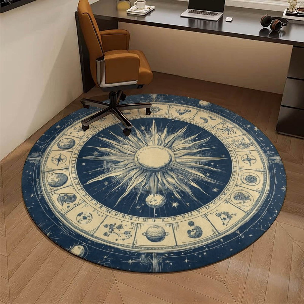 Tapis rond motif zodiaque bleu nuit et écru, sept diamètres