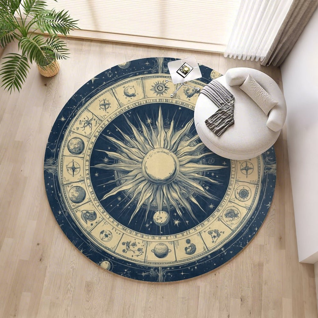 Tapis rond motif zodiaque bleu nuit et écru, sept diamètres