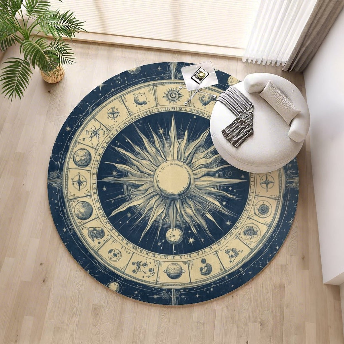 Tapis rond motif zodiaque bleu nuit et écru, sept diamètres