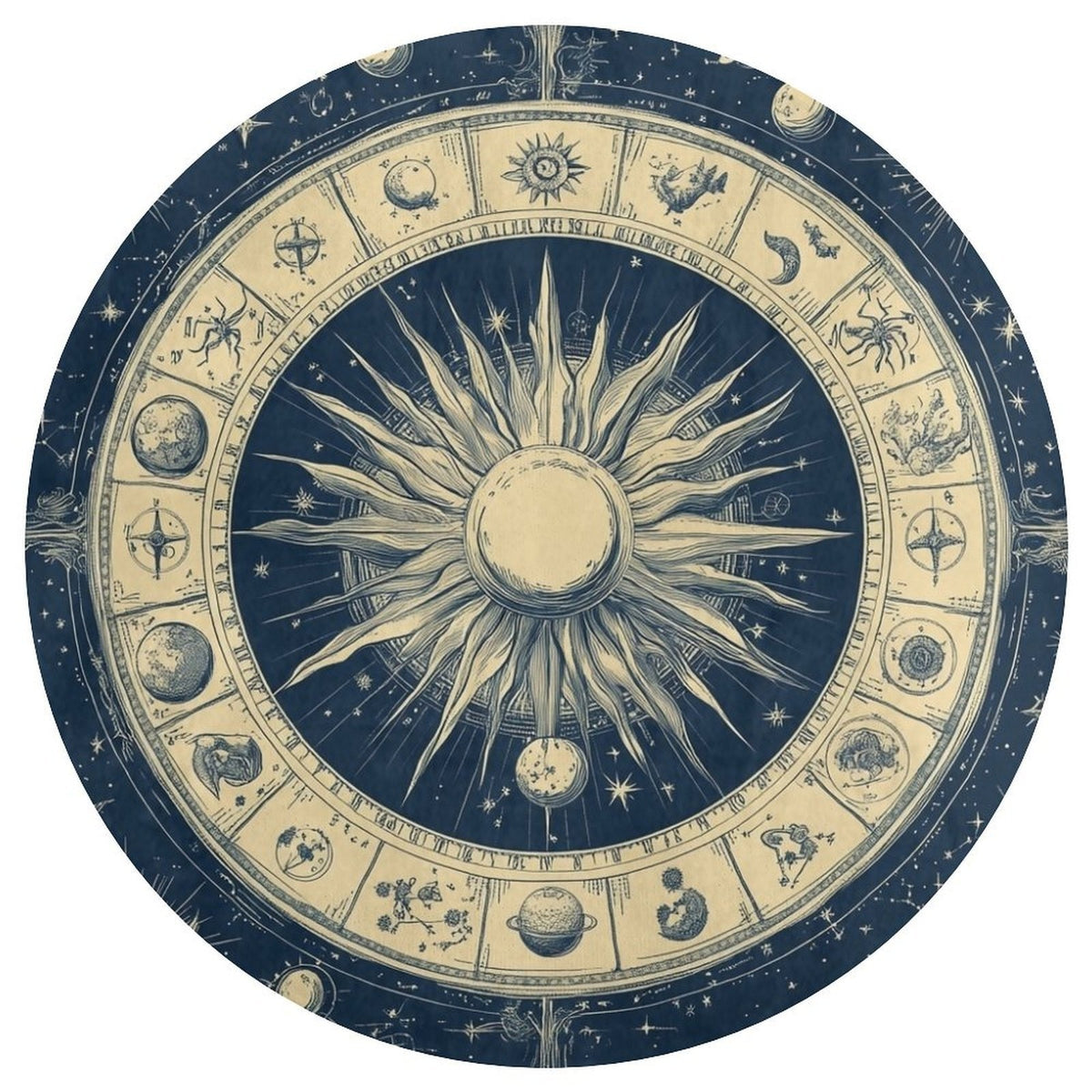 Tapis rond motif zodiaque bleu nuit et écru, sept diamètres
